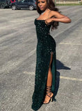 Dark green shiny elegant mermaid sequins long slit sexy ball gown prom dress evening dress 22nd birthday outfit party dress HZ1023