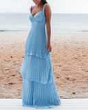 Blue simple fashion elegant V-neck layered chiffon charming long backless ball gown evening dress party dress HZ1023