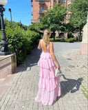 Pink suspenders fashion sweet A-line backless long chiffon tiered ball gown evening dress party dress HZ1023