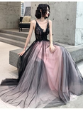 Fashionable Pink And Black Tulle V Neckline Party Prom Dress, Pink Lace Applique Evening Gown HZ1023