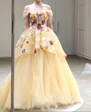 Off the shoulder 3D flower prom dress a line yellow gown HZ1023