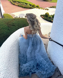 Light blue gorgeous A-line sweetheart layered ruffle tulle long ball gown evening dress HZ1023