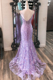 Lavender Floral Appliques Split Neck Mermaid Long Prom Dress HZ1023