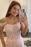 Blushing Pink Mermaid Off-the-Shoulder Applique Long Prom Dress with Slit HZ1023