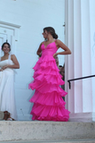Hot Pink Spaghetti Straps Tiered Long Prom Dress HZ1023