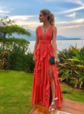 Orange fashion V-neck A-line tiered long elegant chiffon ruffle side slit ball gown evening dress wedding guest party dress HZ1023