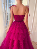 A Line Strapless Fuchsia Tiered Long Tulle Prom Dress HZ1023
