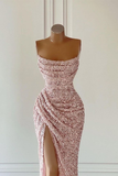 Gorgeous Pink Sequined Sleeveless Prom Dress With Slit HZ1023