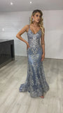 Blue gorgeous shiny spaghetti strap bodycon long tulle ball gown mermaid evening dress HZ1023