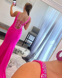 Rose Red V-neck Beading Mermaid Prom Dress with Side Slit HZ1023