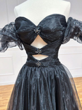 Black A-line off-shoulder long ball gown bow tie formal evening dress HZ1023