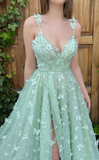 Elegant A-Line V-Neck Floral Embossed Tulle Long Prom Evening Dress HZ1023