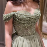 Beautiful Long Green A-line Off-the-shoulder Sequined Beading Prom HZ1023