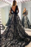 Black Appliques Illusion Long Sleeves Deep V Neck Long Wedding Dress HZ1023