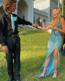 Shiny Blue Slit Prom Dress Evening Dress HZ1023