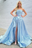 A-Line Strapless Satin Long Prom Dress with Bow HZ1023