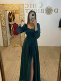 Long Sleeves Green Evening Dress Formal Tulle Prom Dress HZ1023