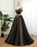 Black And Champagne Off Shoulder Long Formal Dress, A-line Prom Dress HZ1023