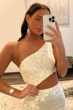 Ivory Mermaid One Shoulder Cut-Out Sequins Long Prom Gown with Slit HZ1023