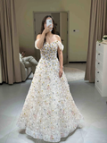 Off the shoulder 3D flower prom dress a line evening gown HZ1023
