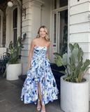 Strapless Print Floral Long Prom Dress Evening Gown HZ1023