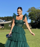 Hunter Green/Emerald Green A-Line Strap Tulle Tiered Long Prom Dress Party Dress HZ1023