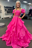 Off the Shoulder Red Balloon Sleeves Ruffle Layered Prom Dress HZ1023
