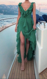 Chiffon V Neck Green layered Prom Dress With Slit HZ1023