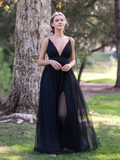 Deep V-neck Tulle Sweep Train Prom Dress HZ1023