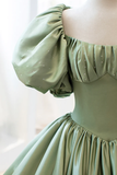 Green Satin Puff Sleeves Long Prom Dress, Green A-Line Formal Dress HZ1023