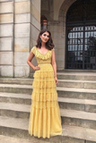 Yellow fashion unique ruffled V neck long floor length tulle ball gown evening dress HZ1023