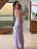 Spaghetti straps purple tassel prom dress with split HZ1023
