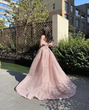 Pink glitter exquisite beading off-shoulder A-line elegant long tulle ball gown evening dress fairy princess dress HZ1023