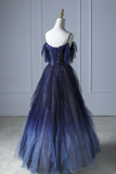 Blue beautiful gradient shiny beads spaghetti strap tulle long ball gown evening dress HZ1023