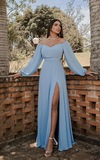 Off The Shoulder Long Sleeves Blue Evening Dress Formal Tulle Prom Dress HZ1023