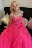 Open Back Hot Pink Tulle Lace Long Prom Dresses, Hot Pink Lace Formal Graduation Evening Dresses HZ1023