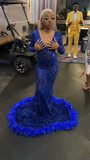 Sequined Mermaid Prom Dresses Royal Blue Sexy Party Gown with Feather HZ1023