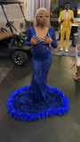 Sequined Mermaid Prom Dresses Royal Blue Sexy Party Gown with Feather HZ1023