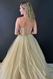 A line V Neck Glitter Tulle Prom Dress with Lace up Back HZ1023