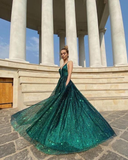 Spaghetti Straps Green Shiny Prom Dress A Line Evening Gown HZ1023