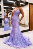 Lilac Sequin Lace V-Neck Long Prom Dress HZ1023