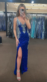 Spaghetti Straps Royal Blue Sequined Formal Dress with Slit HZ1023