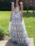 Blue Floral Print Spaghetti Straps Prom Dress HZ1023