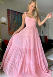 Pink Chiffon Long Prom Dresses A-Line Evening Gown HZ1023