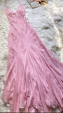 Pink spaghetti strap beaded A-line long elegant ball gown evening dress party dress HZ1023
