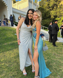 Shiny Blue Slit Prom Dress Evening Dress HZ1023