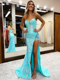 Mermaid / Trumpet Prom Dresses High Split Dress Formal Court Train Sleeveless V Neck Sequined with Slit Appliques HZ1023