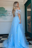 A line V Neck Lace Tulle Prom Dress with Beading and Feather HZ1023