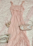 Pink Sweet Elegant Cute Lace Strap Ruffle A-Line Long chiffon prom dress Evening Dress HZ1023