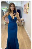 Blue simple and elegant A-line V-neck mermaid long ball gown evening dress HZ1023